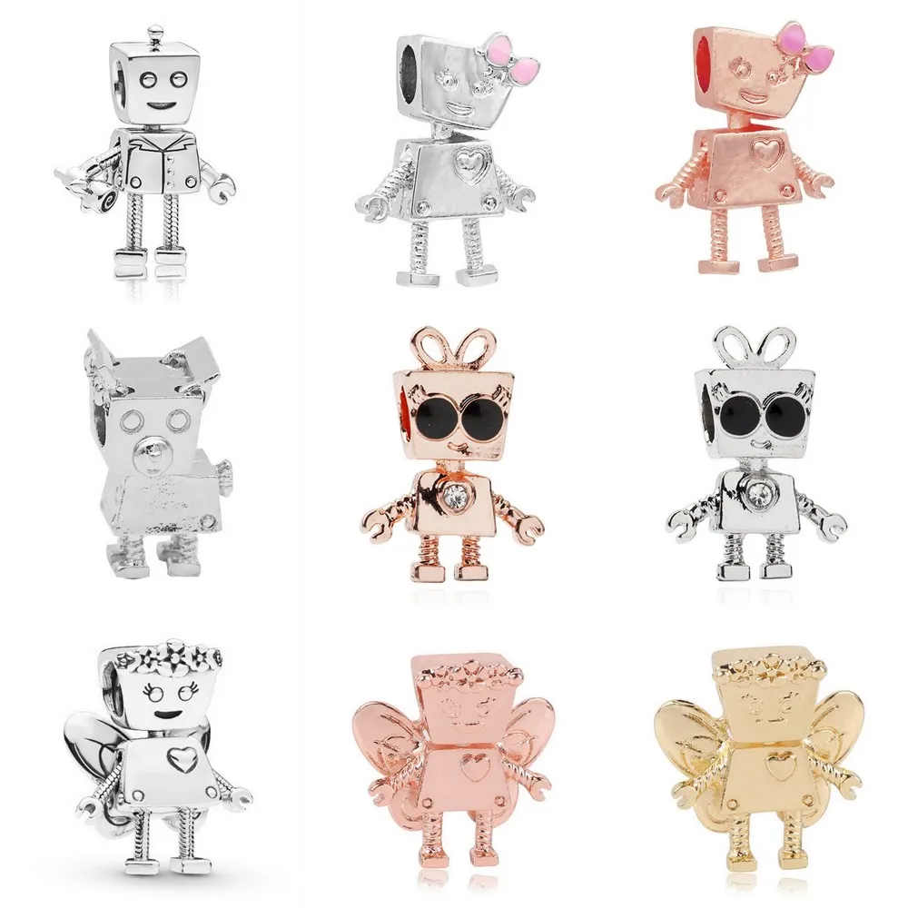 

New Rose Gold Silver Punk Bow knot Rob Floral Bella Robot Beads Charms Fit Pandora Bracelets Women Original DIY Jewelry Making