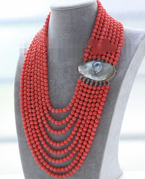 

ddh002542 8row 7mm round pink coral beads necklace 925s mabe pearl clasp