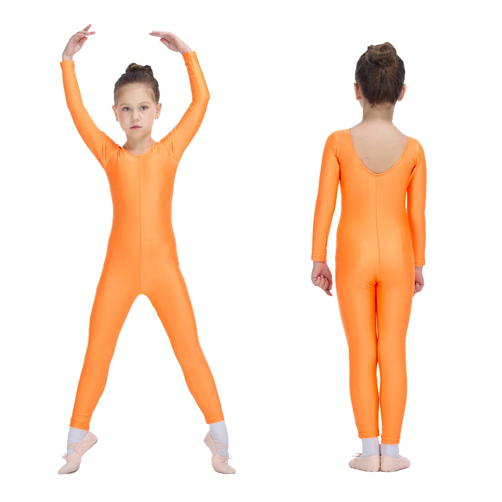 

Ballet Unitards Orange Shiny Fabric Long Sleeve for Kids and Girls Dancing and Gymnastics Catsuit