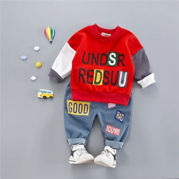 Хлопковый осенний комплект одежды; Повседневный Детский костюм в полоску с рисунком; комплект одежды для малышей; Одежда для мальчиков; Одежда для девочек; одежда для малышей - Цвет: Красный