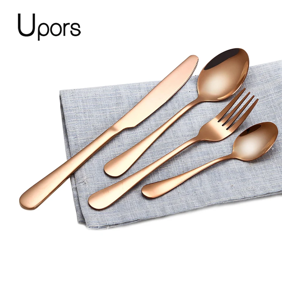 

Upors 4Pcs Rose Gold Cutlery Set 304 Stainless Steel Dinnerware Set forks knives Tableware Silverware Dinner Set