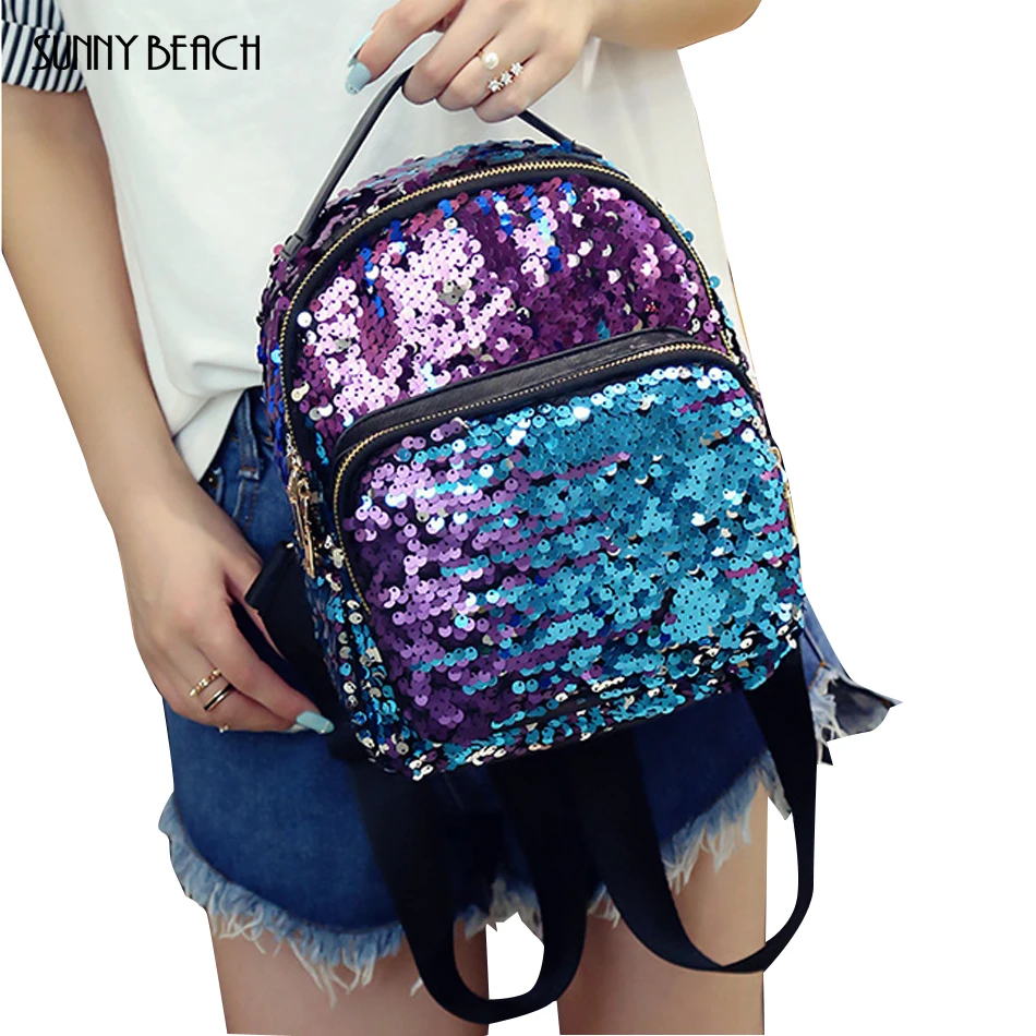 

SUNNY BEACH Female Sequins School Backpacks women Backpack School Bags For Teenage Girls Pu Small Backpacks