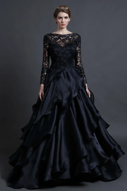 Elegant Black Lace Wedding Dress See Through Long Sleeve Elegant Black Lace Wedding Dress See Through Long Sleeve Ball Gown Gothic Princess Ruffles Robe
