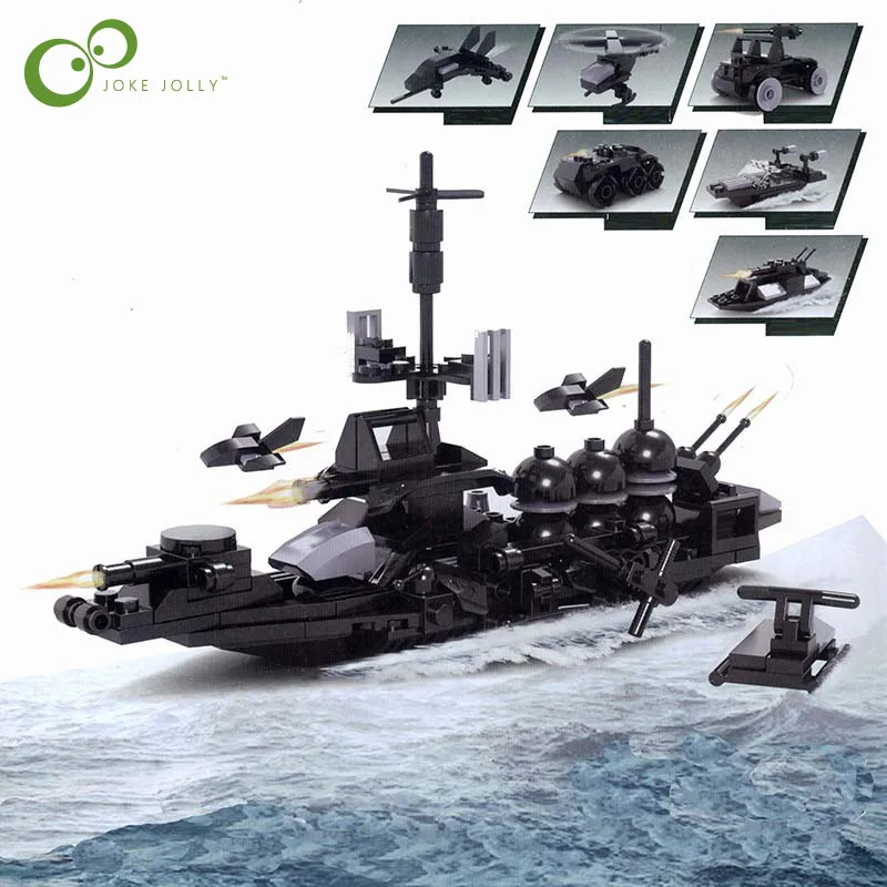 

6 in1 DIY self-Locking Bricks Building Blocks Armored Helicopter Tank Ships Assemble Warship Educational Toys for Boy Kids GYH