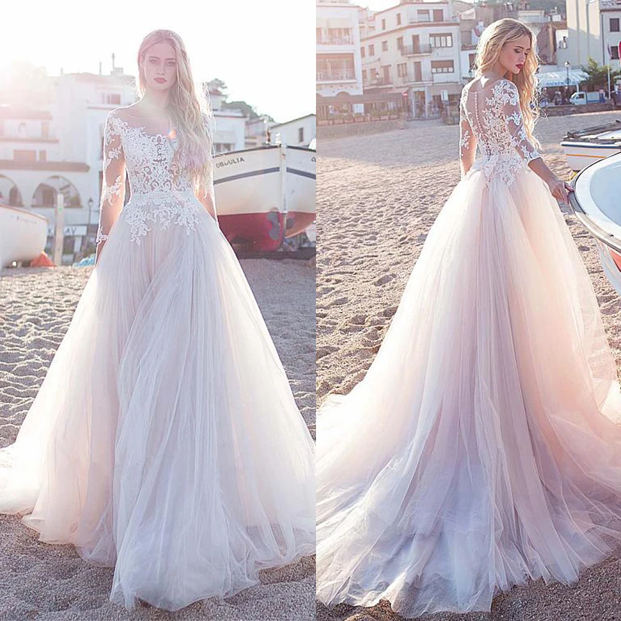 

Fascinating Tulle Scoop Neckline See-through A-line Wedding Dress With Lace Appliques & Bowknot Long Sleeves Beach Bridal Dress