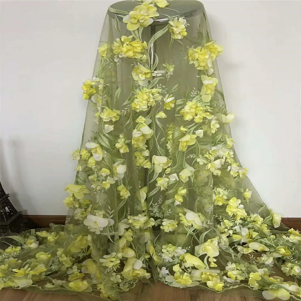 

Beads French tulle lace fabric/Yellow gold 3D flowers embroidered high quality African lace fabric for wedding dresses HJ462-2
