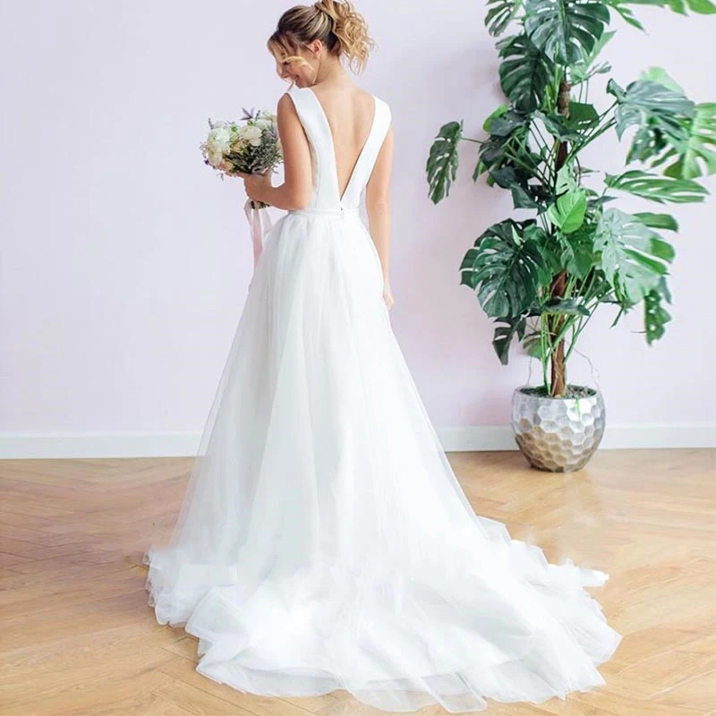 

Sexy A Line Wedding Dress 2019 Double V Neck Top Satin Wedding Dresses Sweep Train Tulle Vestido De Novia Backless