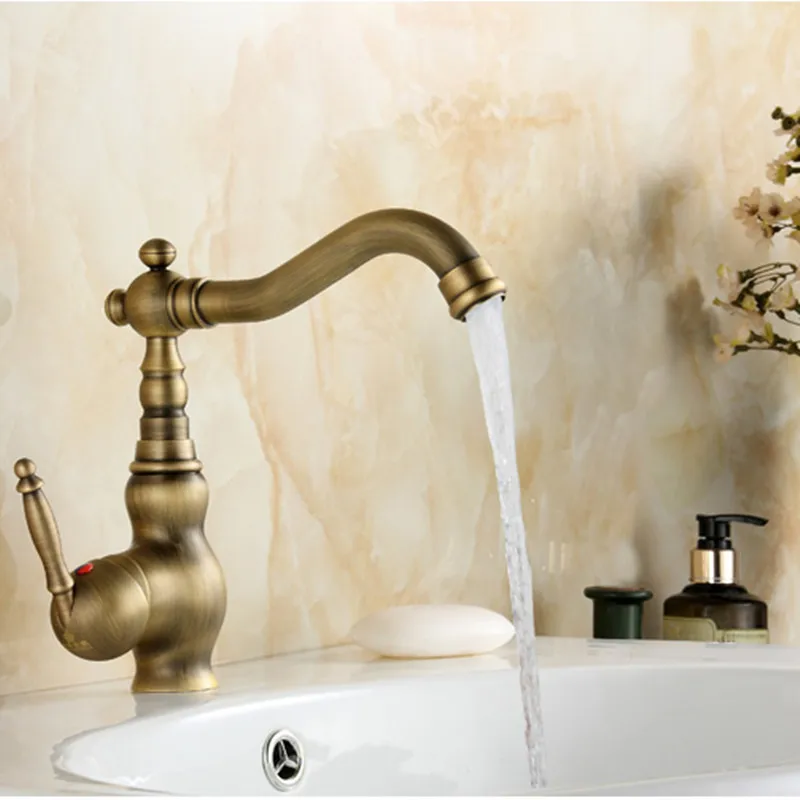 

LIUYUE Basin Faucet Antique Brass Tall/Low Basin Mixer Tap 360 Rotate Bathroom Faucet Deck Mounted Cold Hot Water Crane Sink Tap