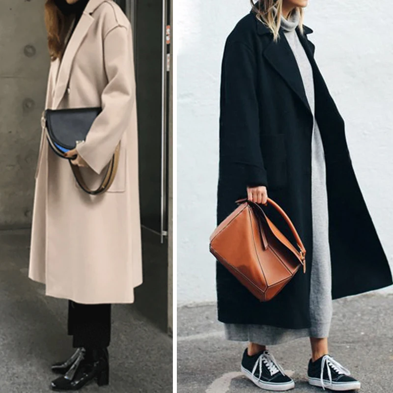 

Plus Szie Warm Wool Blend Coat Women Long Sleeve Turn-down Collar Outwear Jacket Casual Autumn Winter Elegant Overcoat