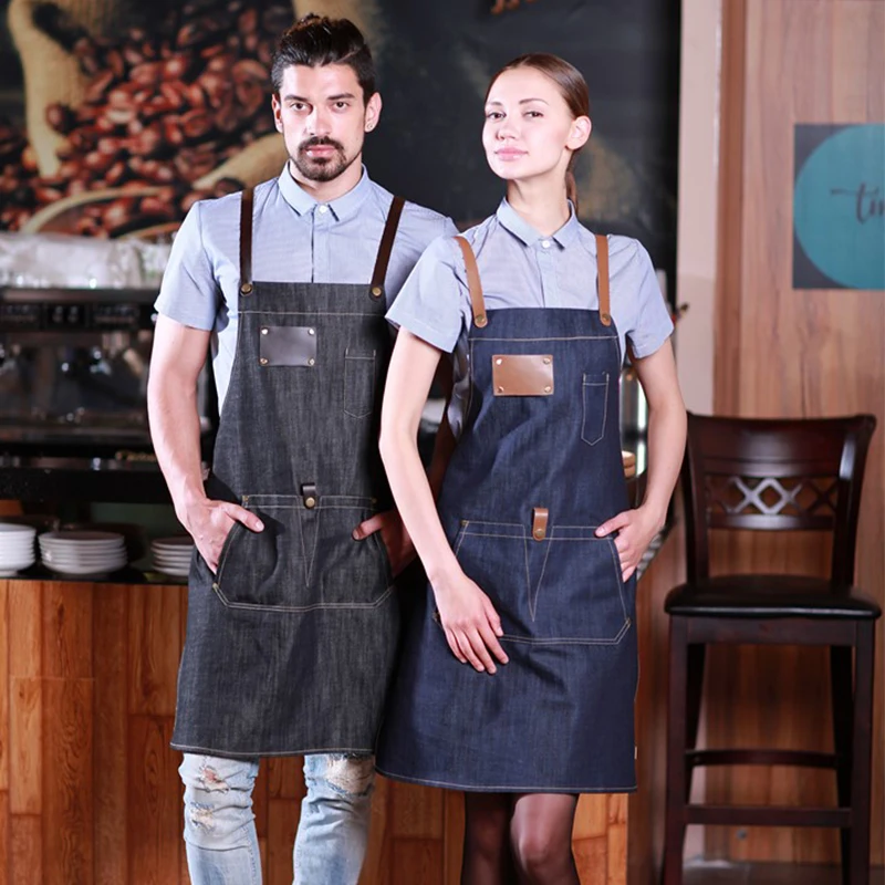 Checkedout Denim Leather Unisex Bib Apron With Two Pocketsin Aprons from Novelty & Special Use