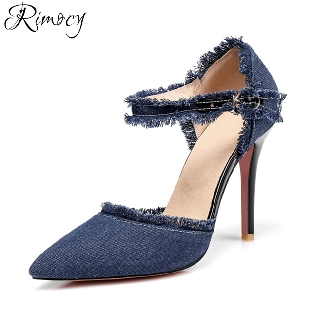 Rimocy плюс Размер: 31–47 синие джинсовые женские туфли-лодочки 2018 г. фирменный дизайн с ремешками на лодыжках винтажные сандалии с бахромой Женская тонкая обувь на высоком каблуке