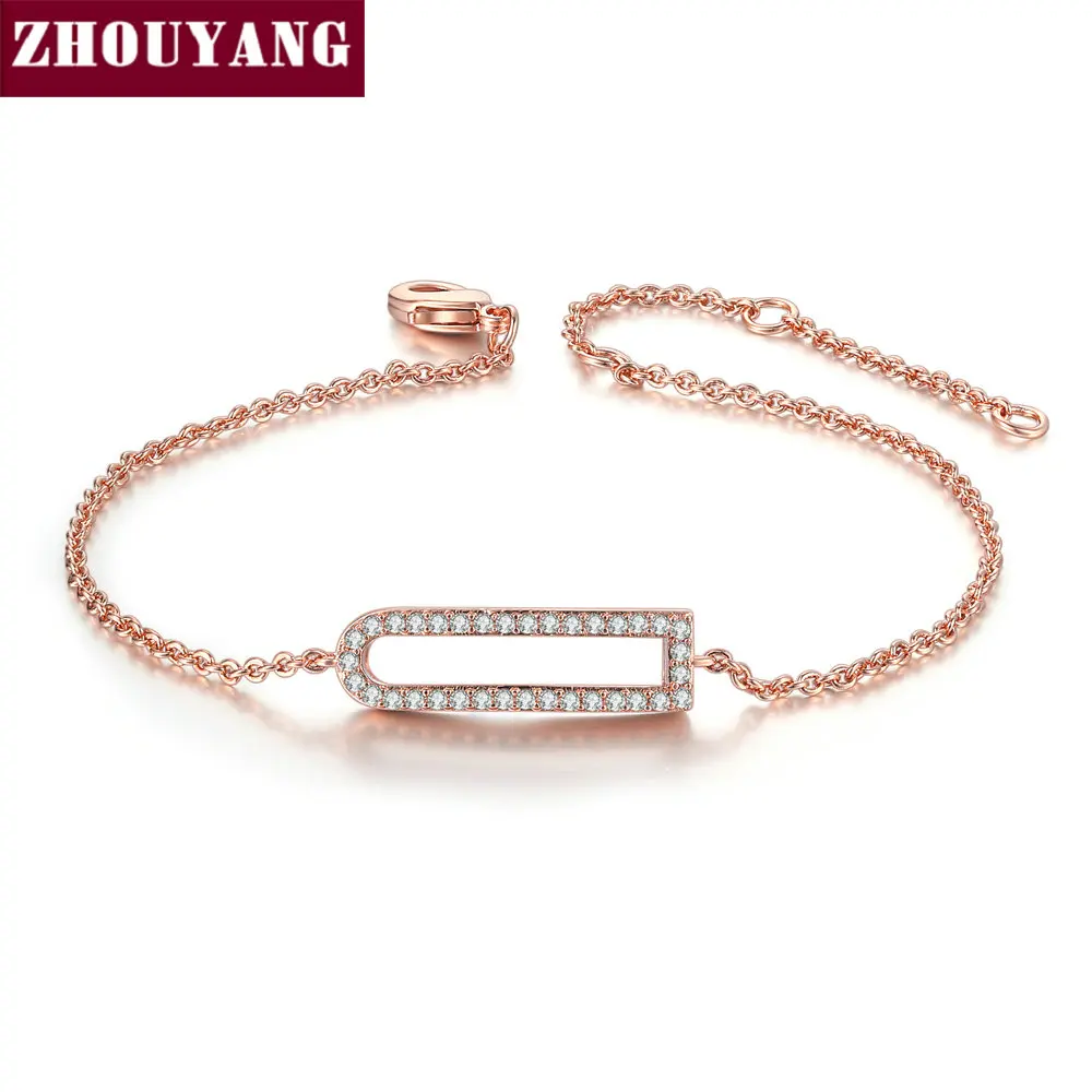 ZHOUYANG браслет для женщин простой геометрический полый фианит розовое золото