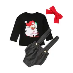 Рождественский комплект детской одежды для маленьких девочек Санта Клаус печатных малыша Cosumes модные детские топы + шорты + повязка на