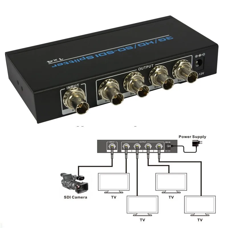 

4-port SDI Splitter amplifier SDI, HD-SDI ,3G-SDI 1X4 Splitter distributor 1080p with power adapter for TVs cameras