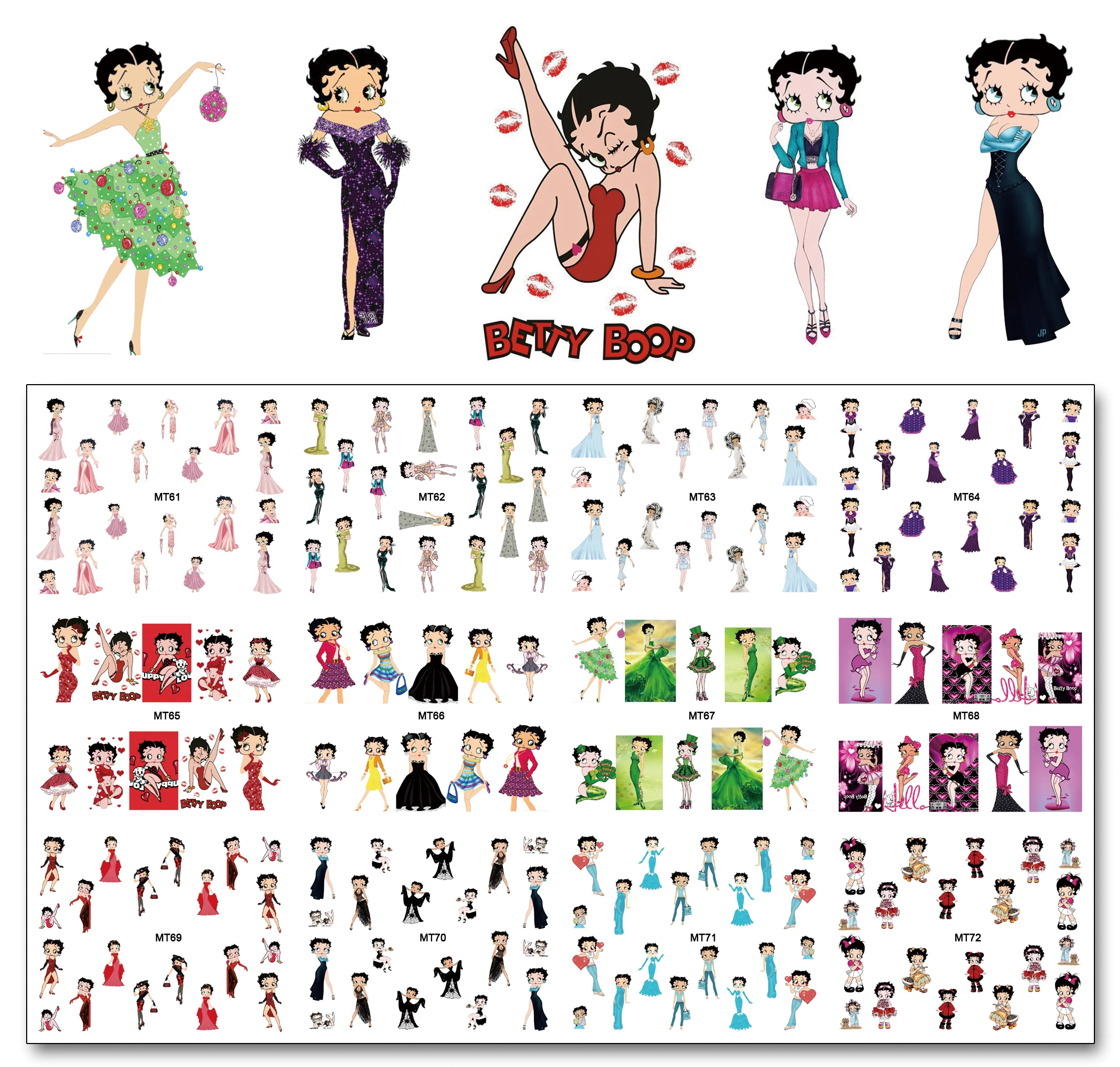 Nail Art 12 листов/партия MT61-72 Betty Boop Nail Art переводная наклейка для ногтей(12 видов конструкций в 1