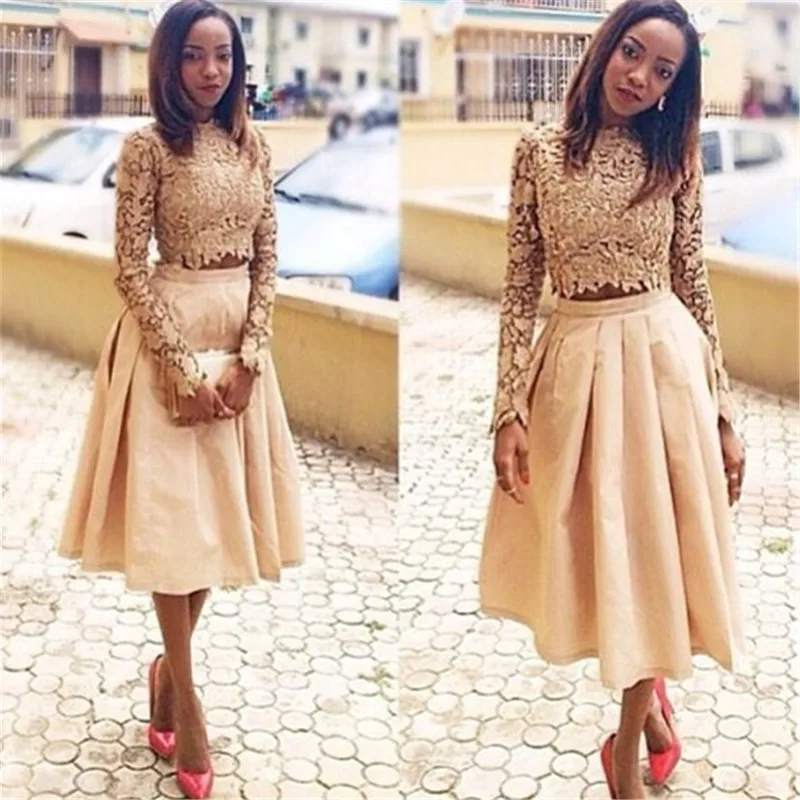 

Two-Piece 2016 New Summer Sexy Tea-Length Long Sleeve Champagne Lace Women Special Party occasion robe de cocktail Dress