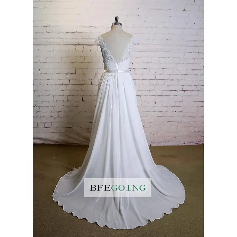 Белое Кружевное шифоновое свадебное платье в пол с v-образным вырезом трапециевидной формы со шлейфом и короткими рукавами реальные/оригинальные фотографии на заказ
