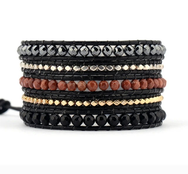 Cool Men Bracelet Natural Stones Gold Silver Color Beads 5 Layered Cool Men Bracelet Natural Stones Gold Silver Color Beads 5 Layered Leather Wrap Bracelets Multilayer