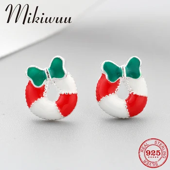 

100% Real 925 Sterling Silver Stud Earrings Bow Christmas wreath Enamel Earrings for Women and Girl Gift Fashion Jewelry