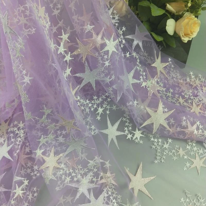Ширина 140 см, 1 м/лот, кружевное платье-пачка с вышивкой со звездами и блестками в стиле пэчворк, Тюлевая юбка, свадебное украшение, кружевной материал