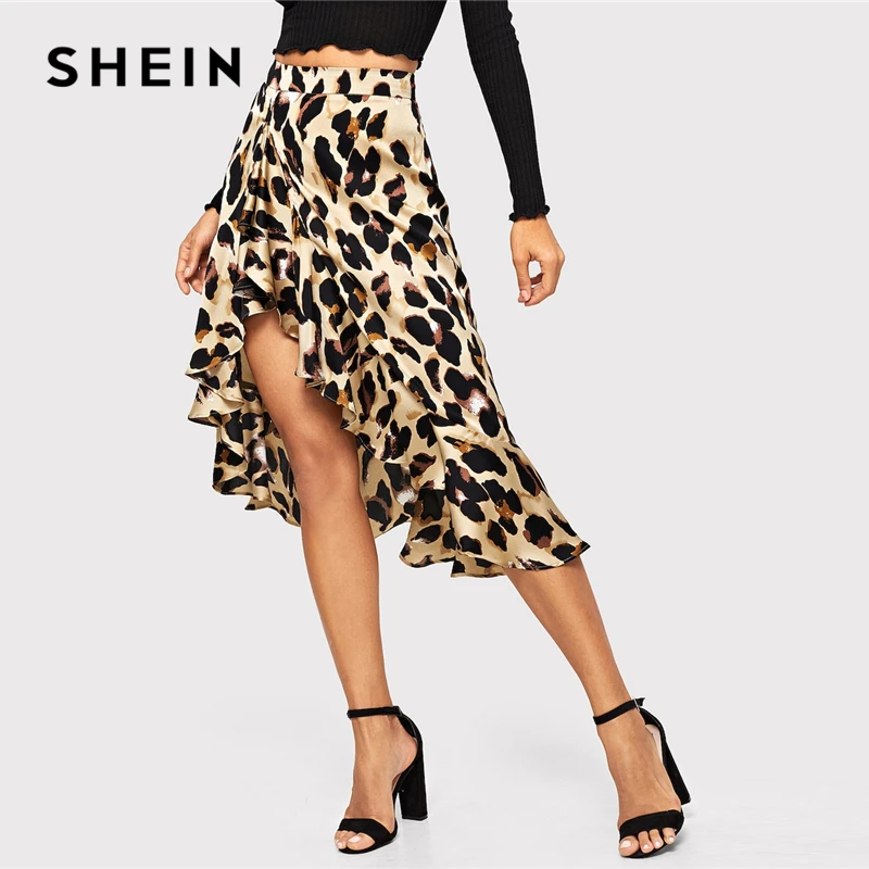 SHEIN Boho Сексуальная разноцветная юбка с рюшами и леопардовым принтом, асимметричная цельнокроеная Женская юбка, летняя повседневная юбка миди со средней талией