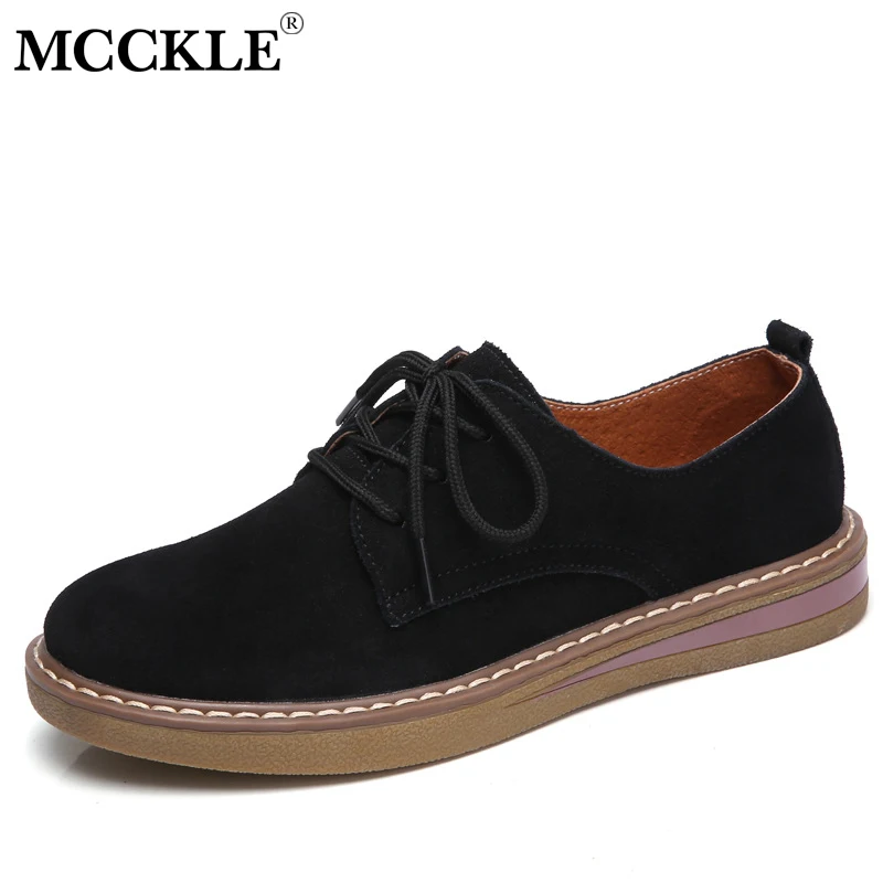 

MCCKLE Genuine Leather Women Flat Shoes Lace up Autumn Sneakers Oxford Shoes Female Moccasins Casual Suede Sewing Flats