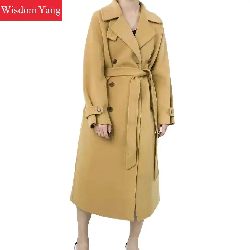 

Winter Womens Sheep Wool Coat Long Sleeve Yellow Outerwear Trench Vintage Office Ladies Oversize Woolen Overcoat Woollen Coats