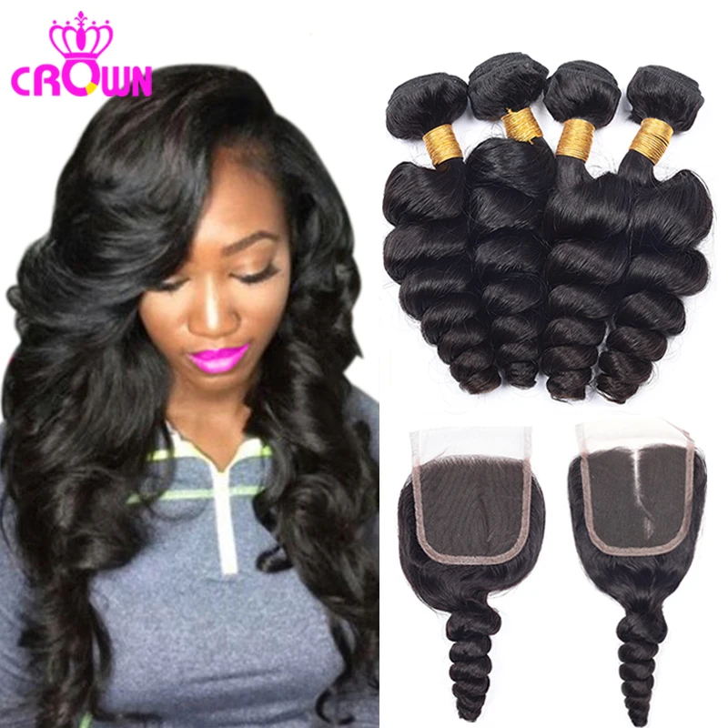 7A Peruvian Virgin Hair With Closure Peruvian Loose Wave With Closure 3PCS Loose Wave Peruvian Hair Bundles With 1PC LaceClosure