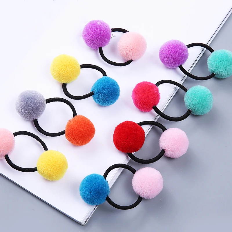 

2018 new Hot 1PC Double Ball Colorful Pom Pom Elastic Hairband Cute Exquisite Children's Gum Ms. Children's Fine Headwear