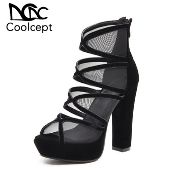 

CoolCept Summer Sandals Women Sexy Black Zipper High Heels Shoes Open Toe Platform Party Club Comfort Shoes Women Size 33-43