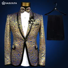 Новые элегантные золотые блестки мужские модные костюмы куртка бренд плюс размер средневековый принц ночной клуб Тонкий Блейзер Костюмы Брюки 4XL