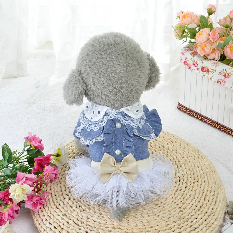 Lace Jean Dog Dress Summer Breathable England Style Bow Tie Chiffon Pet