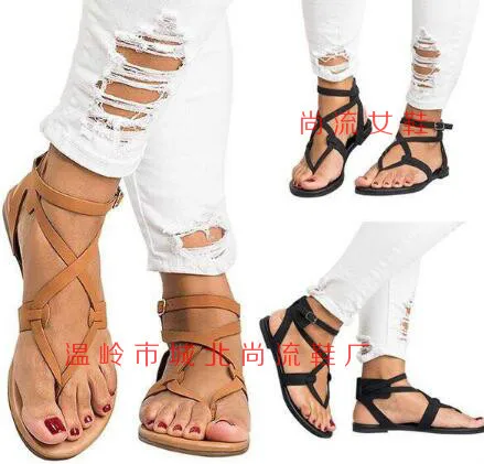 

Fashion Ankle Strap Rome Gladiator Women Sandals Solid Cross-tied Women Shoes Buckle Strap Summer Flat Sandals