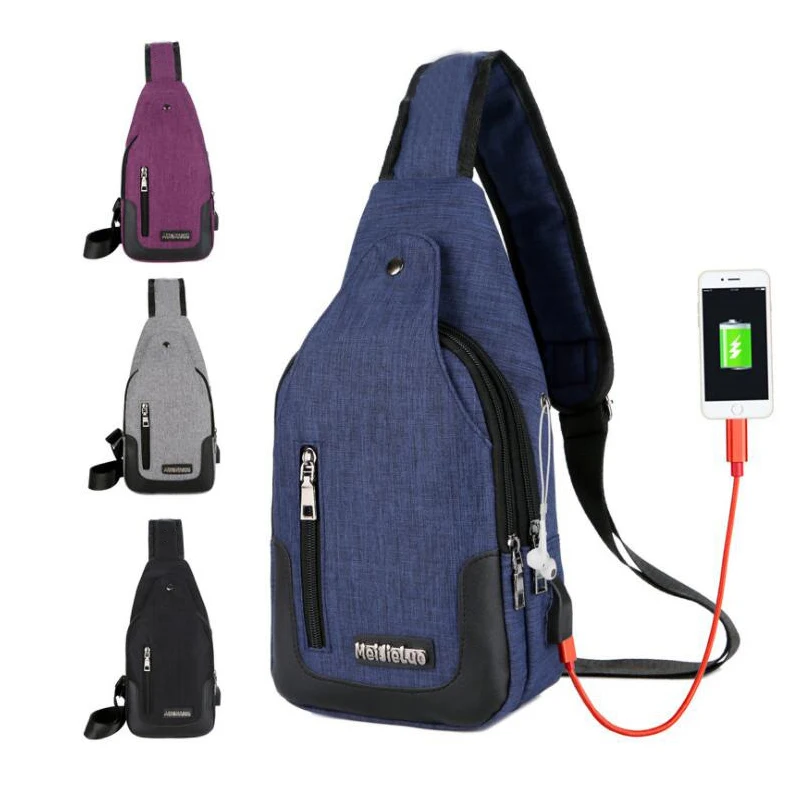 

UOSC USb Canvas Chest Bags Unisex Bag Fashion Men's Polyester Travel Sling Bag Chest Pack Crossbody Bag with USB Charging 2019