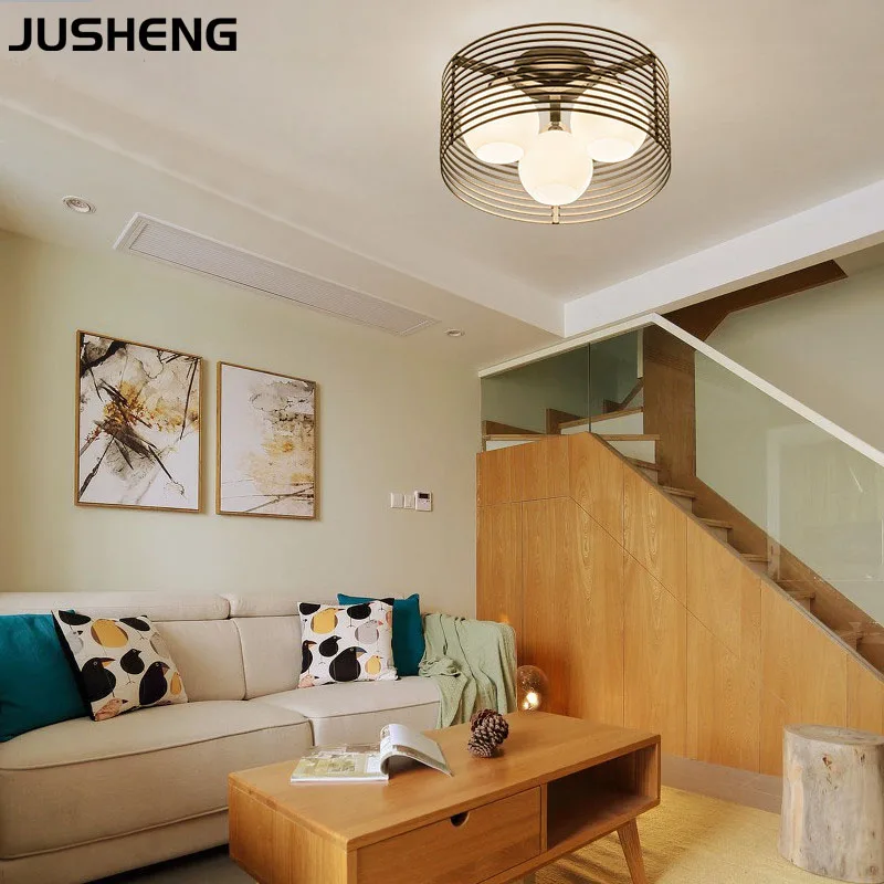 JUSHENG Modern LED round 40cm Metal Glass Shade Bedroom Dining Room Living Room Ceiling Lamp E27 Bulb 110-240V AC