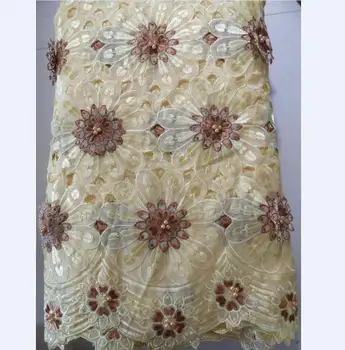 

Free Shipping beige High quality latest african handcut lace fabric with beads and flowers for wedding big occasion-N8842A
