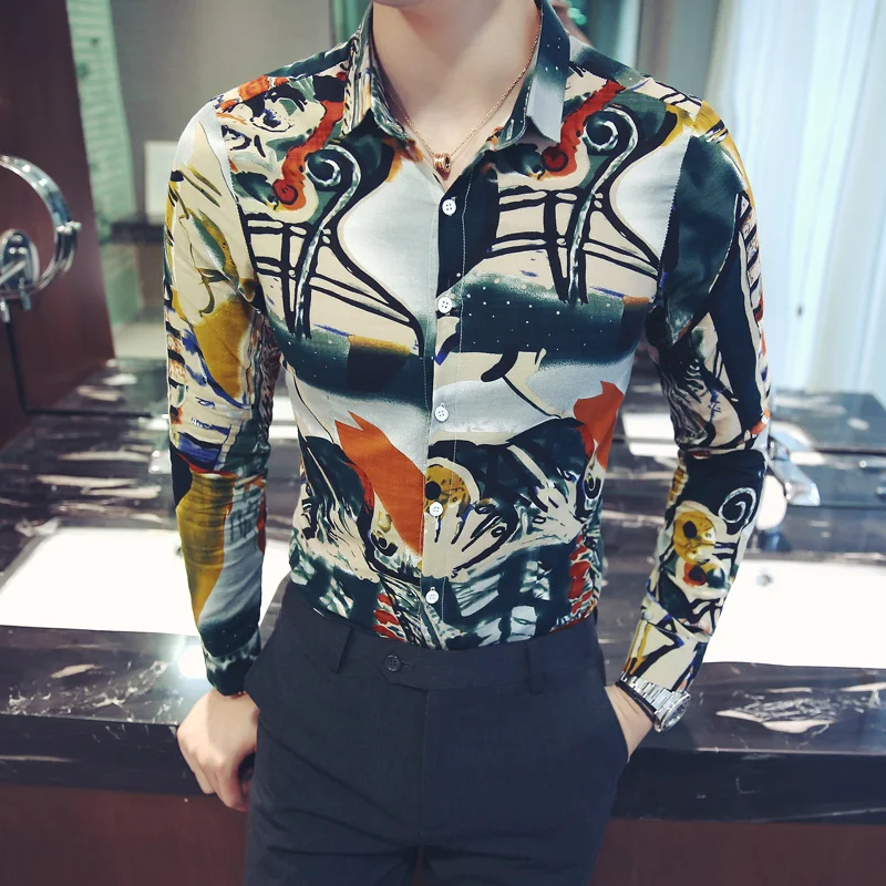 

Brand New Men Floral Shirt 2019 Spring Fashion Slim Fit Mens Casual Shirts Long Sleeve Print Night Club DJ Stage Clothing 5XL-M