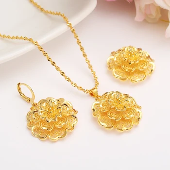 

Gold Dubai AfricaPNG Jewellery Set big flower Pendant Necklaces Earrings Papua New Guinea Wedding bridal party women girls gifts