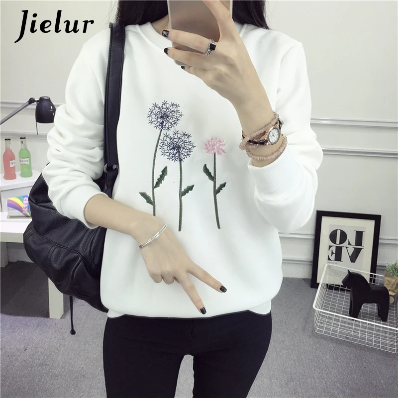 Jielur Одуванчик вышивка флис sudaderas mujer 2019 Новый Белый Синий базовый шик толстовки