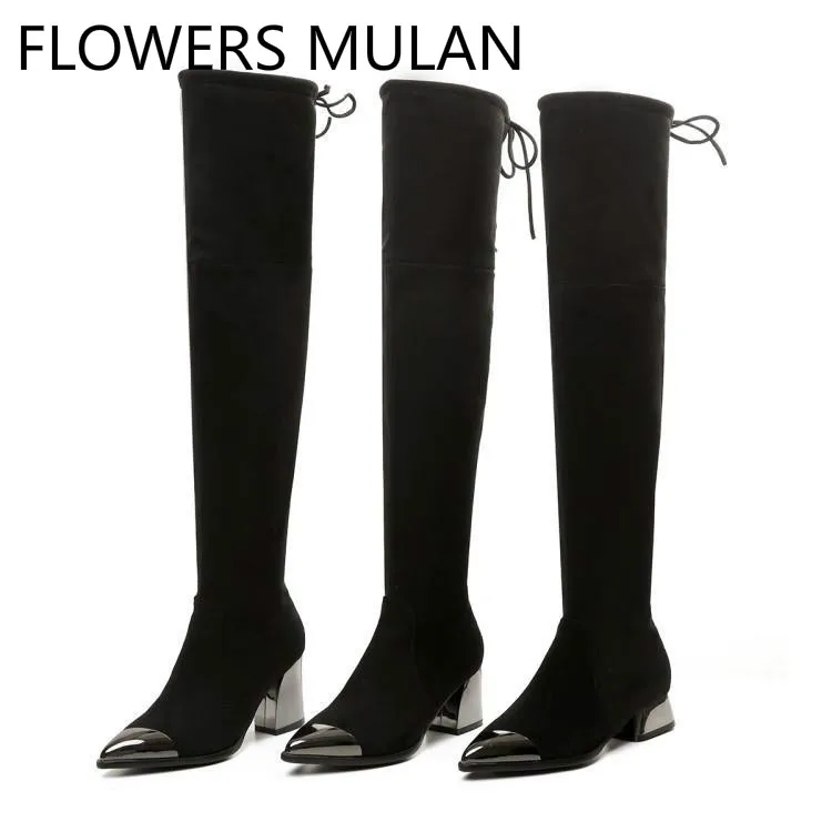 

Black Grey Suede Leather Winter Women Thigh High Boots Luxury Metallic Pointed Toe Silver Chunky Heel Lady Botas Slip On Shoes