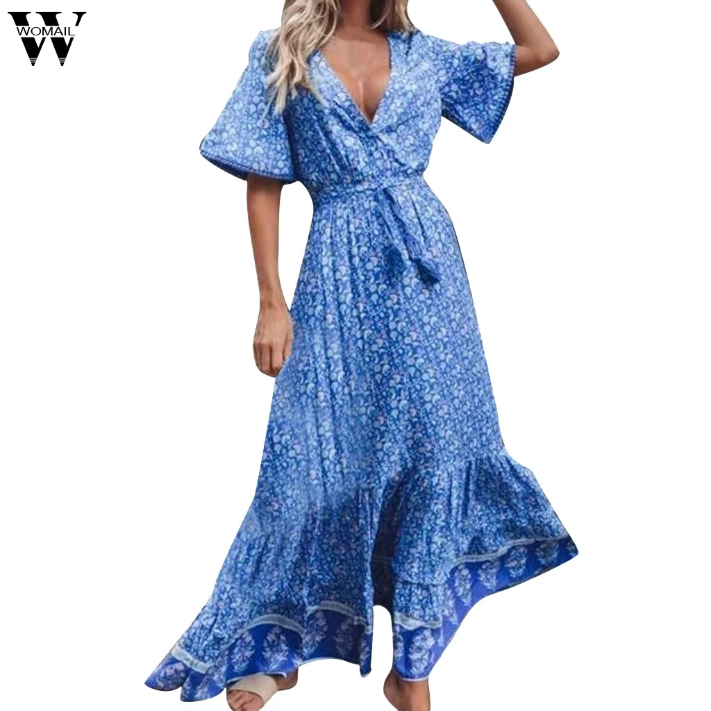 

Womail Dress Fashion New Fashion Women Deep V-Neck Short Sleeve Print Tassel Buttons Vintage Straight Dresses dropship Mar26