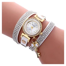 Практичный FULAIDA Для женщин модные Обёрточная бумага вокруг бриллианты замка кожаный браслет наручные часы