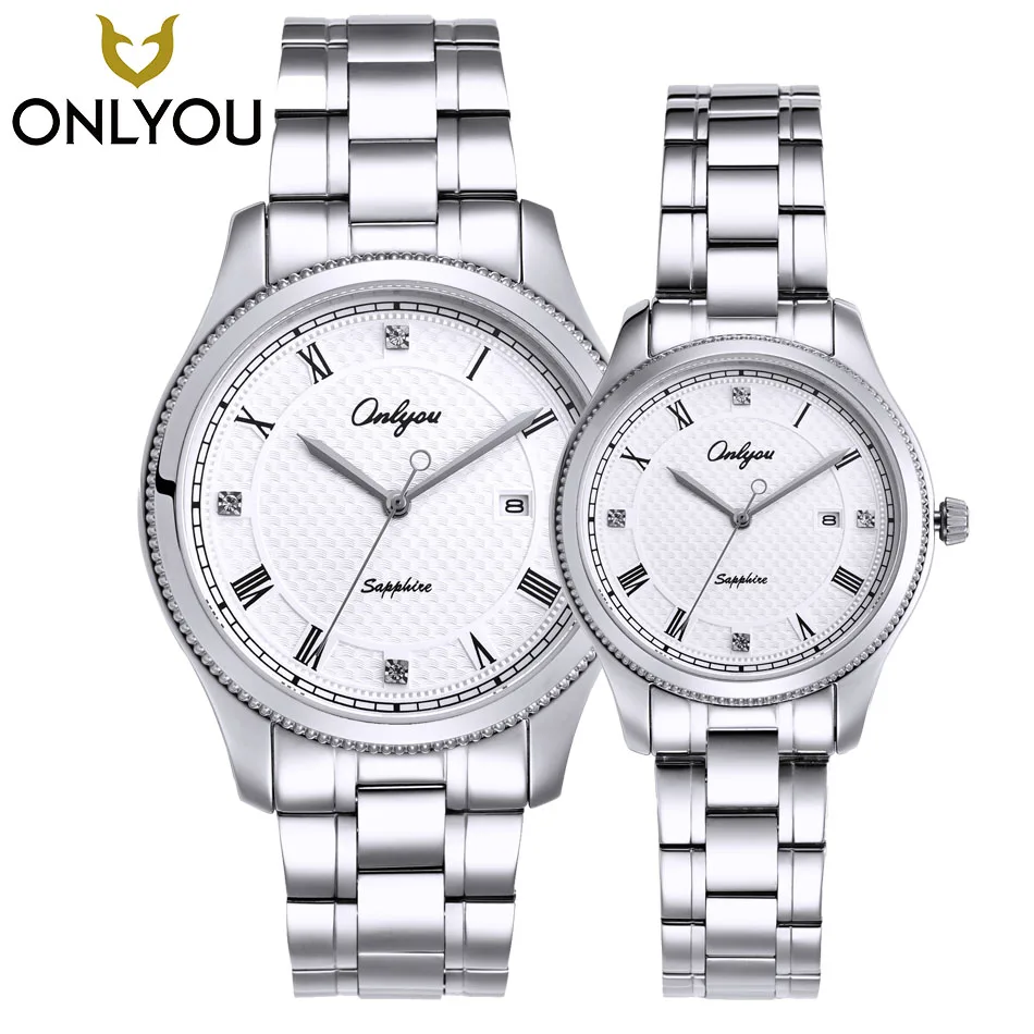 

ONLYOU New Brand Quartz Lovers Watches Women Men Dress Stainless Steel Band Dress Wristwatches Fashion Casual Watch Gold 1/ Pair