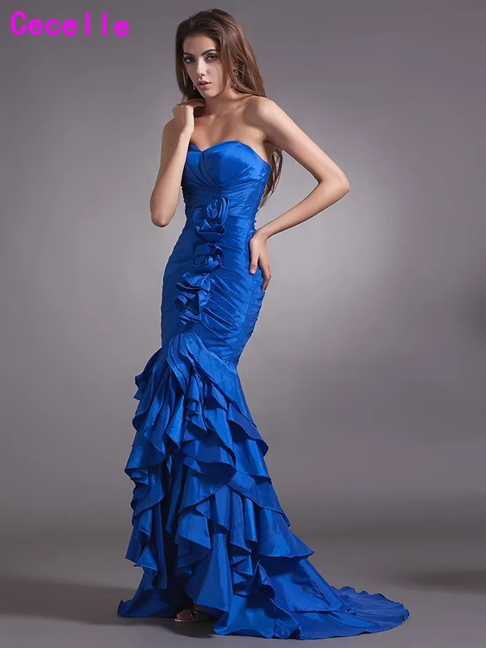 2017 New Real Mermaid Long Royal Blue Prom Dresses Sweetheart Pleats