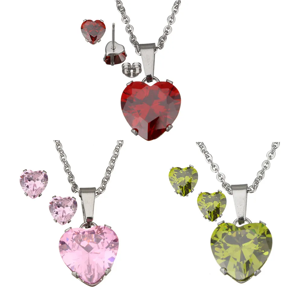 

Stainless Steel Jewelry Necklace Sets Punk Stud Earring Pendant Necklace Heart Shaped Cubic Zirconia CZ Women Wedding Jewelry