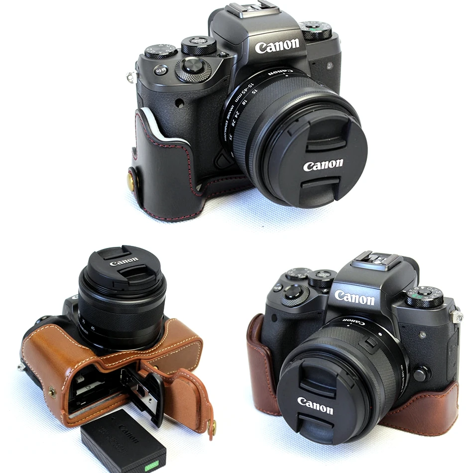PU Leather Camera Half body Bag Case for Canon EOS M5 Button Base Bag