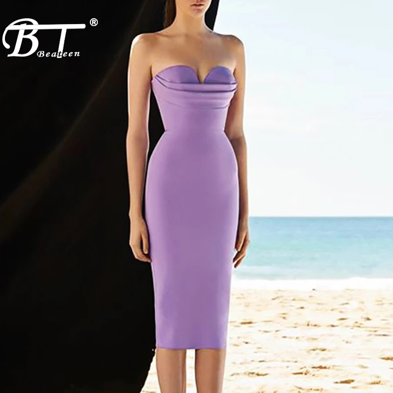 Beateen 2019 New Arrival Strapless Sexy Purple Sleeveless Club Dress Back Zipper Women Party Dress Midi Dress|Dresses| - AliExpress