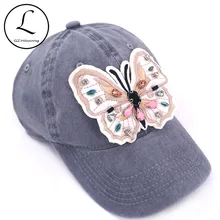 Прямая поставка Женская Бабочка Стразы летняя кепка-бейсболка мягкие стиральные хлопчатобумажные бейсболки и шляпы для девочек спортивная шапочка