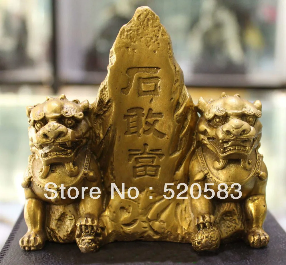 

5"Chinese Bronze Carved Guardian 2 Foo Fu Dog Phylactery Door Lion animal Statue