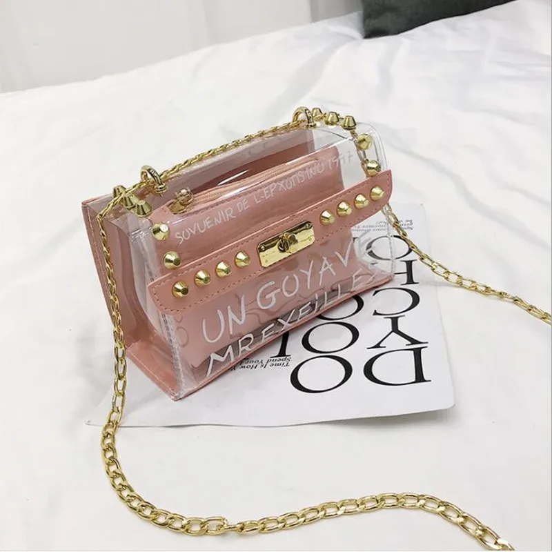 شفافة واضحة المسامير خطابات سلسلة مركب حقيبة الأنثوية أكياس ل 2019 رفرف النساء Crossbody حقيبة الإناث حقيبة كتف #1349